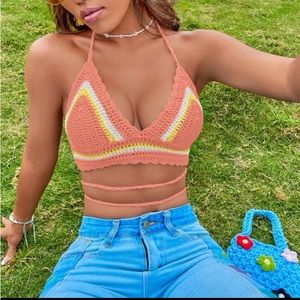 ☀️3/$30 Colorblock Backless Halter Neck Crop Knit Top NWOT